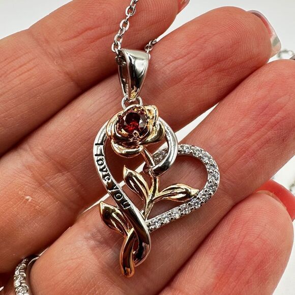 NIB, RG/WG Rose and Heart "I love you" 18k GP over 925 necklace! - Picture 3 of 11